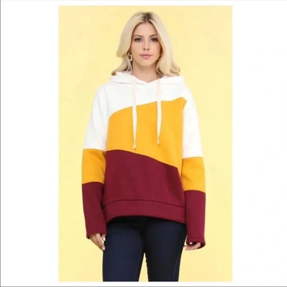 Doublju Color Block Hoodie Sweatshirt — Mustard Maroon Cream Pullover, Sz large - Picture 2 of 3